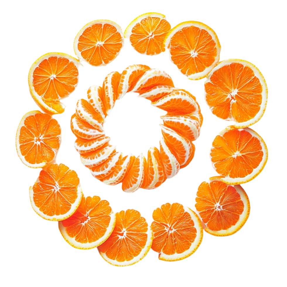 Sliced oranges arranged in a circular pattern with a and juicy appearance png