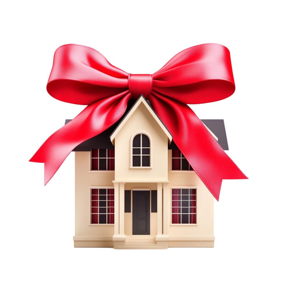 Beautiful gift wrapped house with a red ribbon bow png
