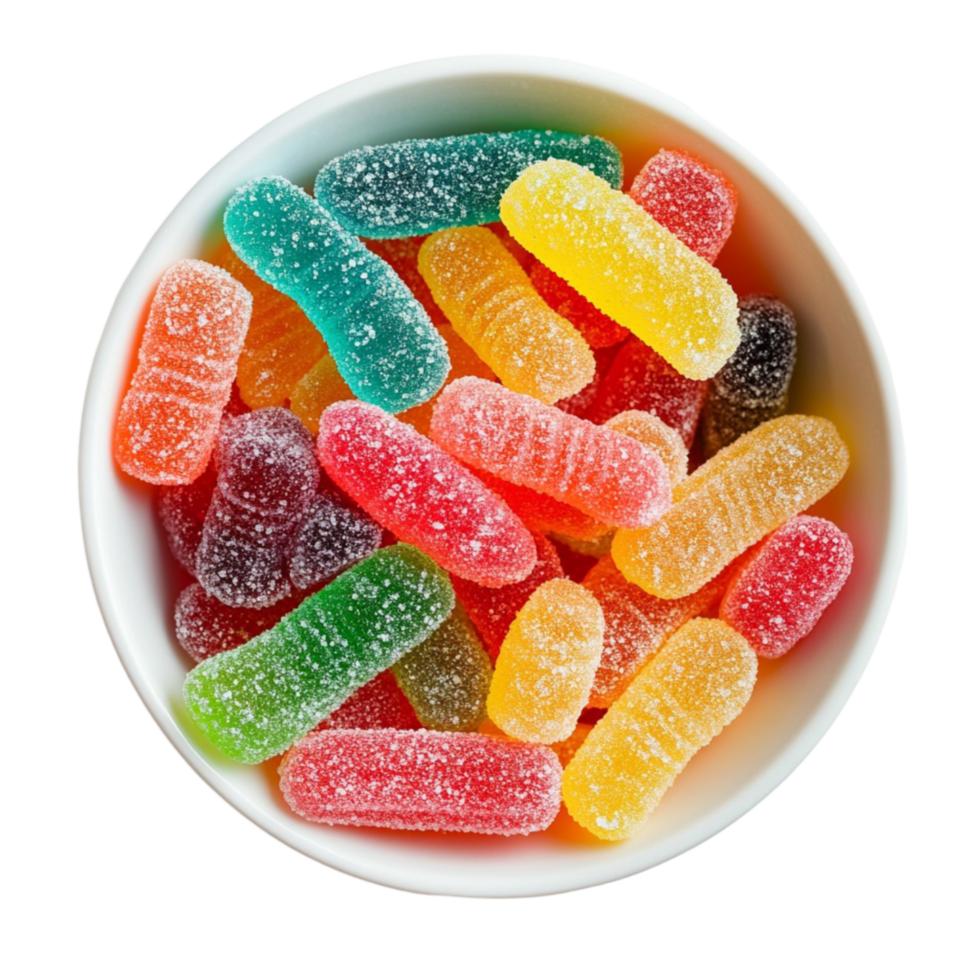 White bowl filled with colorful sour gummy worm candies png