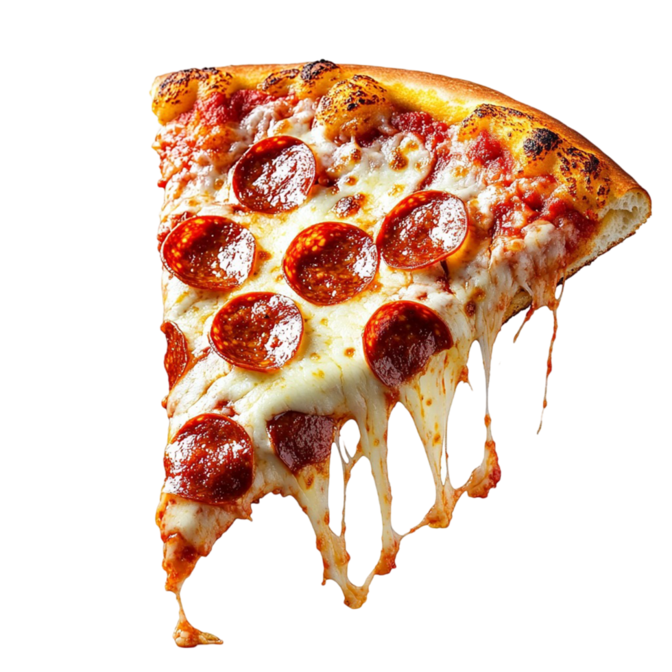 Slice of cheesy pepperoni pizza with melted toppings png