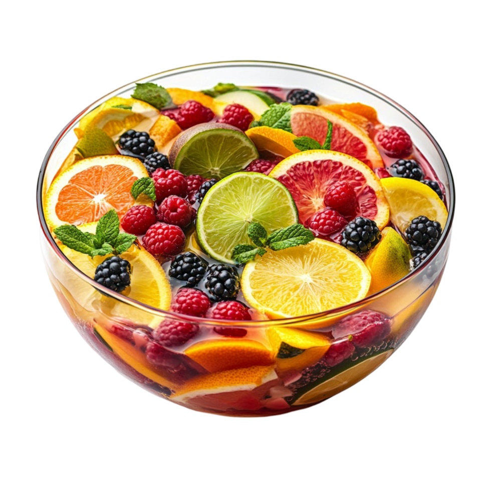 Large glass bowl filled with colorful fruit punch garnished with citrus slices and berries png