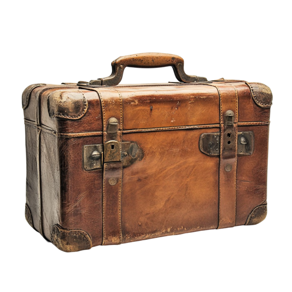Vintage brown suitcase with metal clasps and handle png
