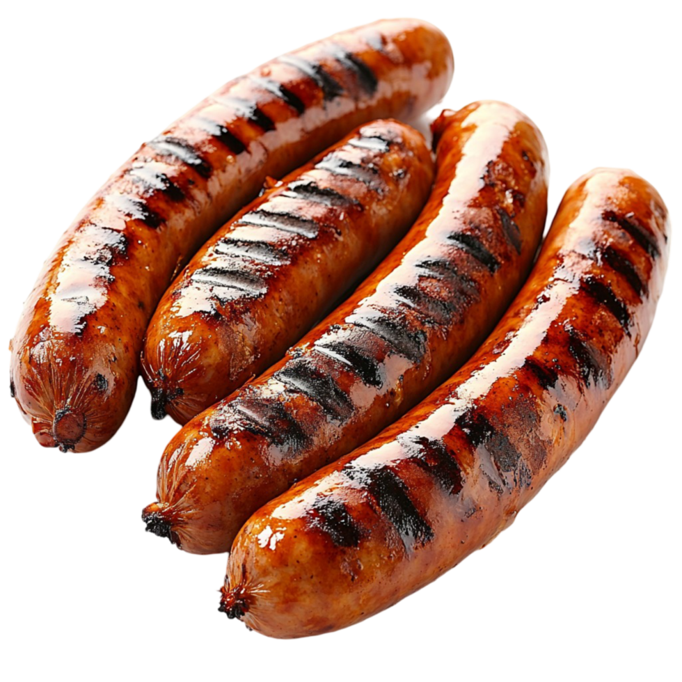 Grilled sausages with a charred surface arranged in a neat row png