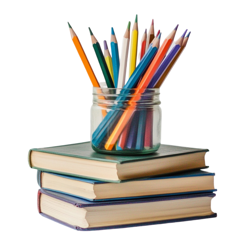 Stack of books with a glass jar full of sharpened colored pencils png