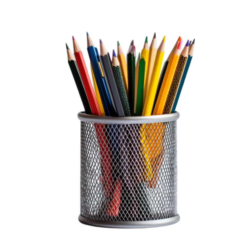 Metal mesh pencil holder filled with sharpened colored pencils png