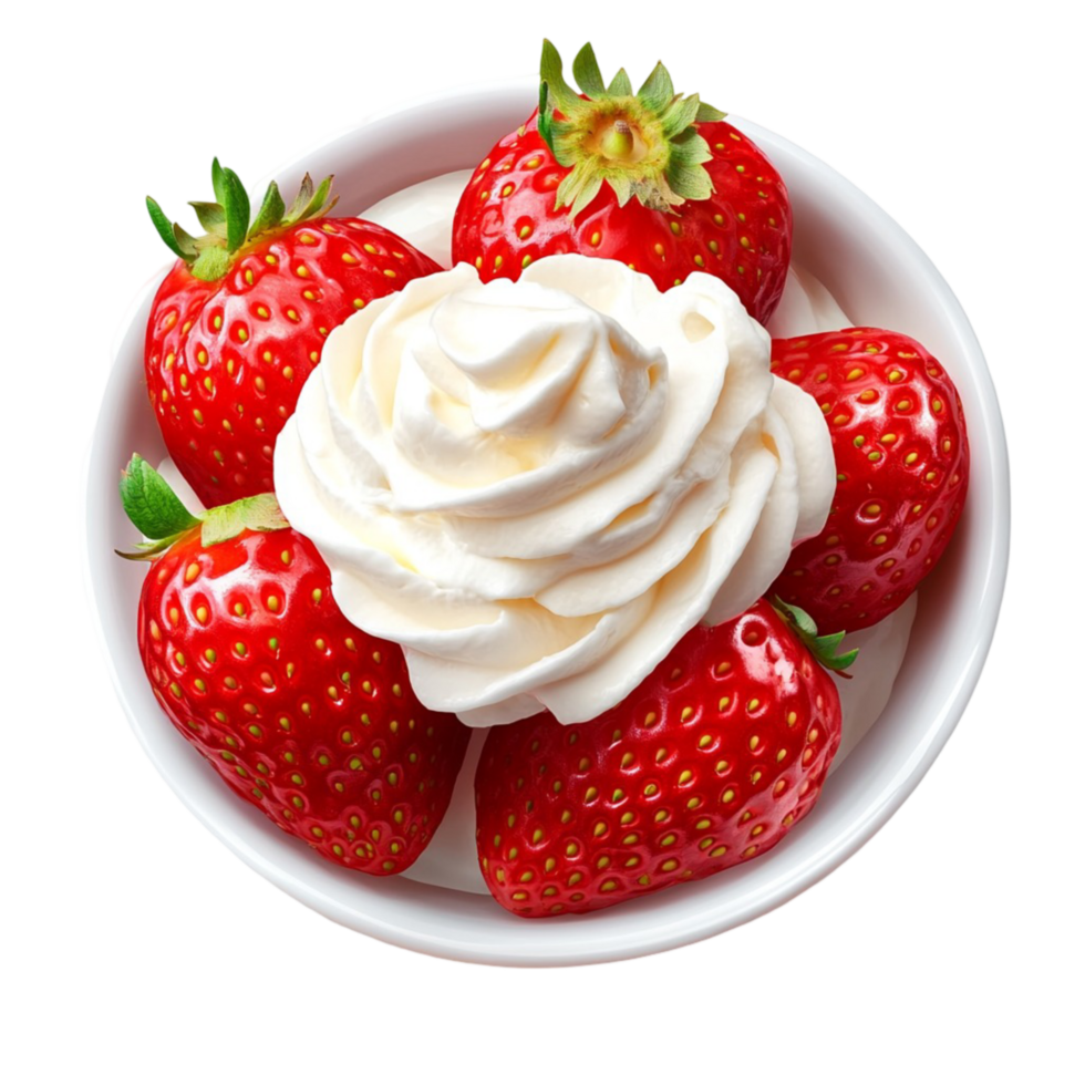 Bowl of strawberries with a dollop of whipped cream on top png