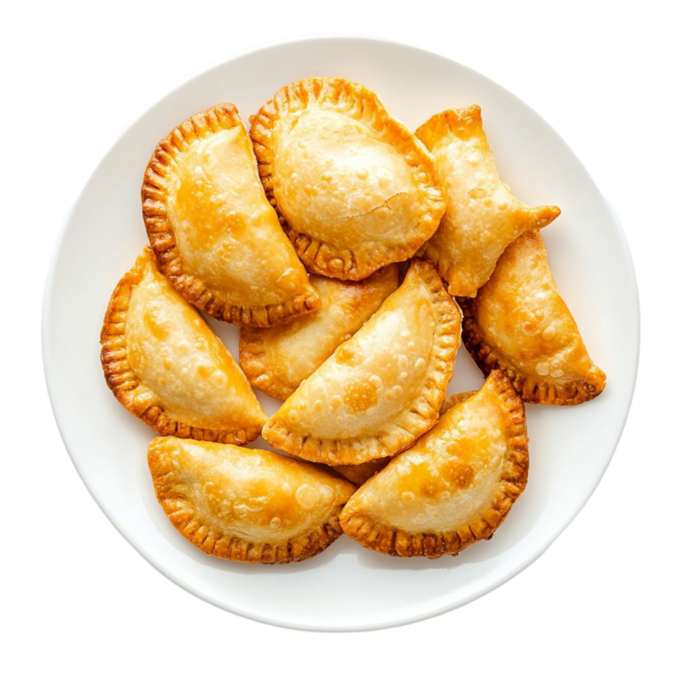 Plate of golden empanas with a flaky crust png