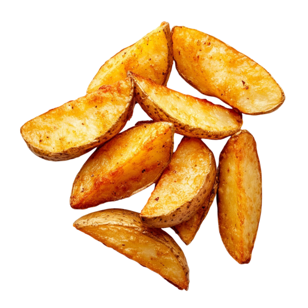 golden brown potato wedges with a slightly seasoned and crunchy texture png
