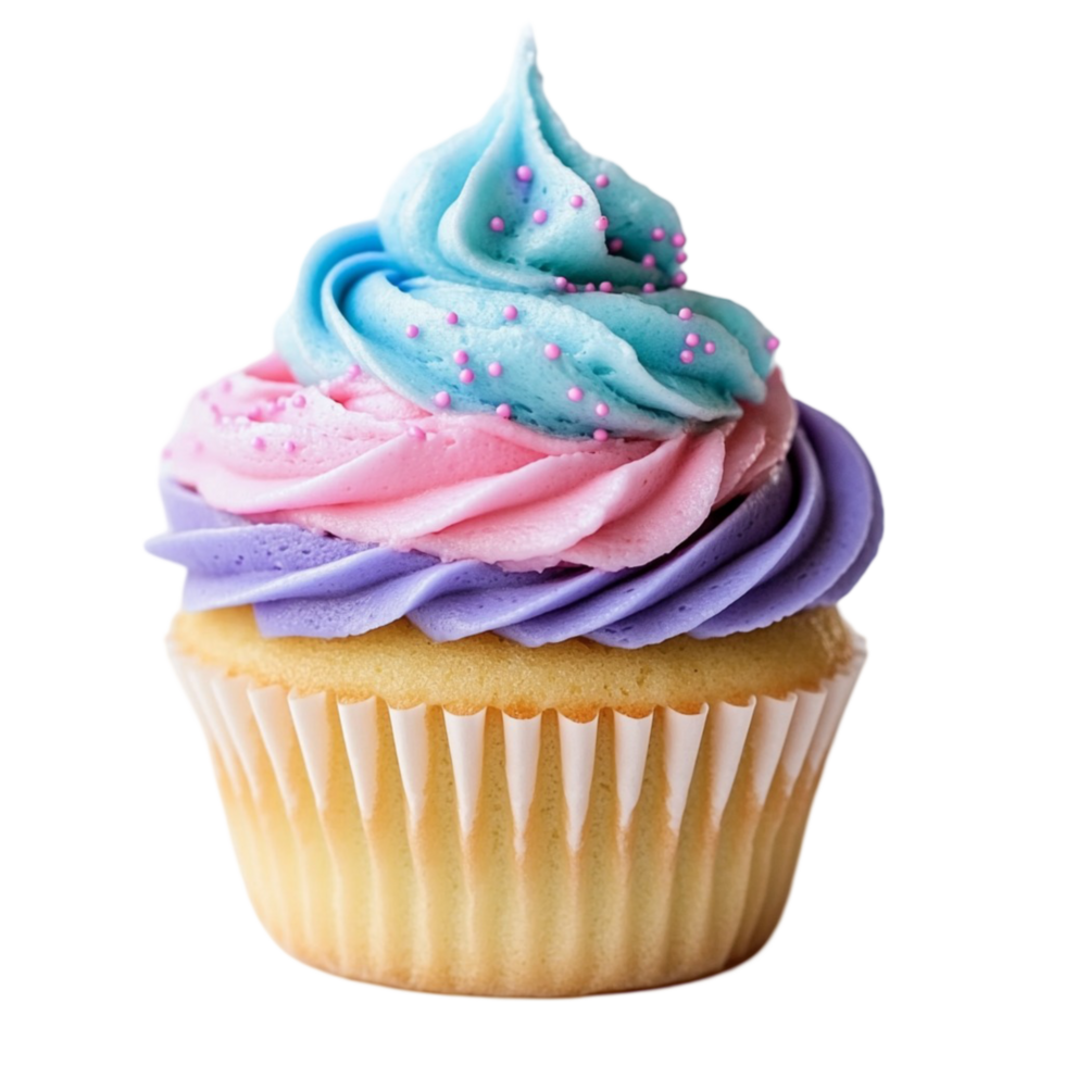 Colorful cupcake with blue pink and purple swirled frosting and sprinkles png