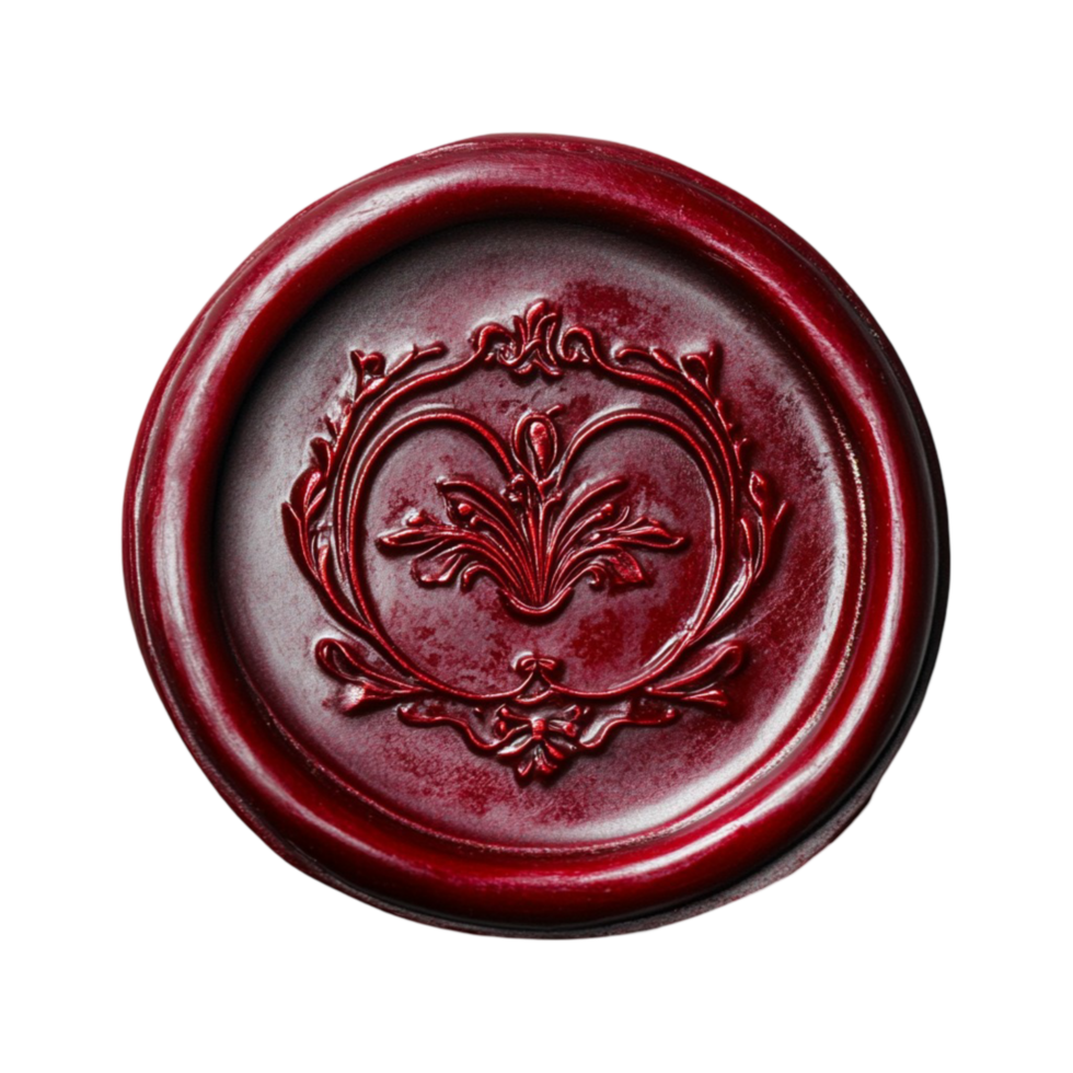 Deep red wax seal with an embossed heart design png