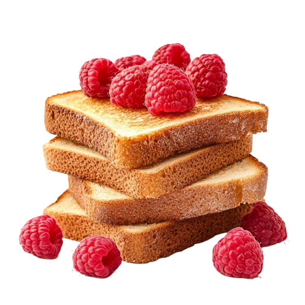 Stack of golden brown toast with raspberries placed on top and around png