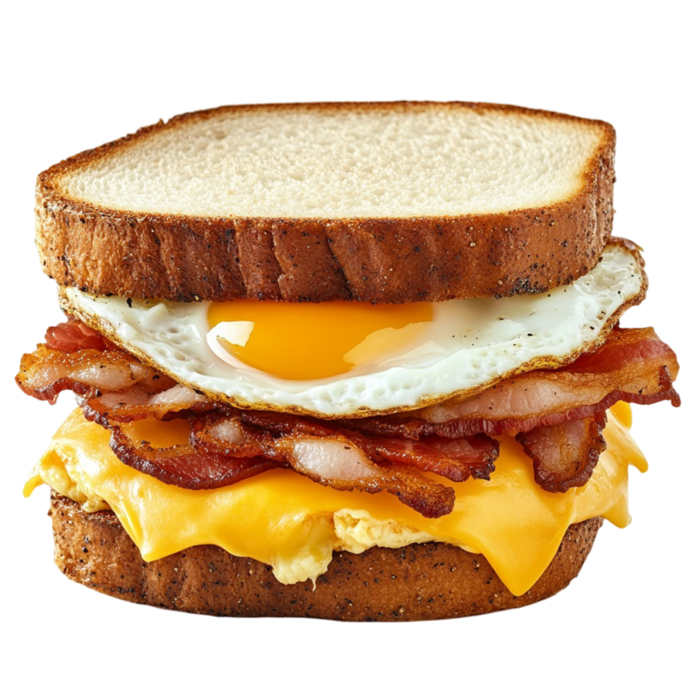 breakfast sandwich with bacon melted cheese and a fried egg png