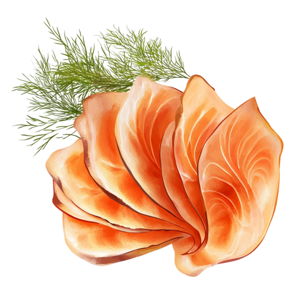 Thinly sliced smoked salmon with a sprig of dill on top png