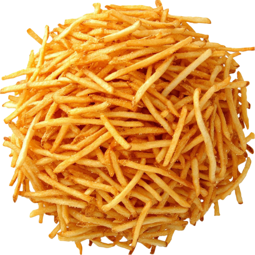 Large pile of thin golden potato sticks arranged in a circular heap png
