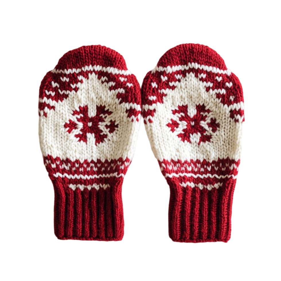 Knitted red and white mittens with a festive snowflake pattern png