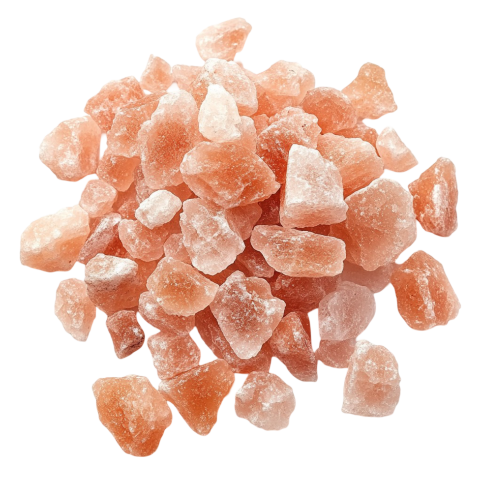 Pink Himalayan salt crystals in an uneven pile with a rough texture png