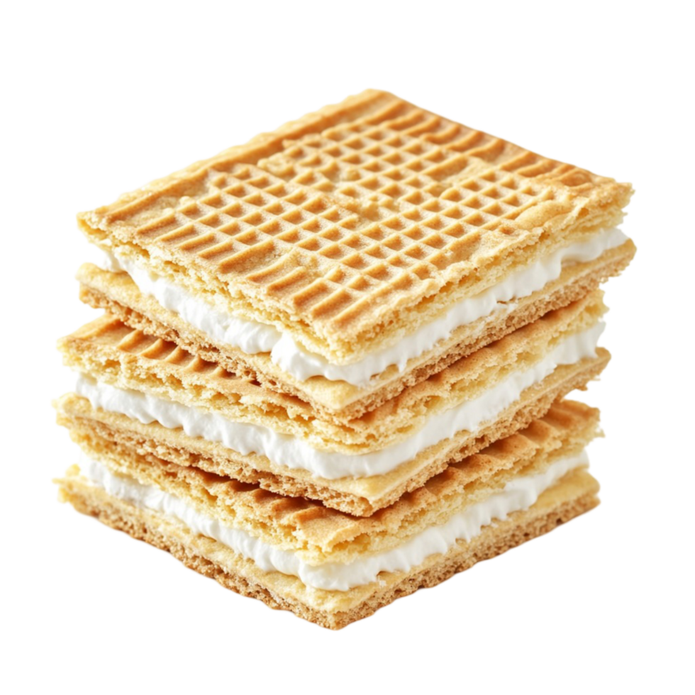 Tall stack of wafer cookies filled with layers of creamy vanilla filling png