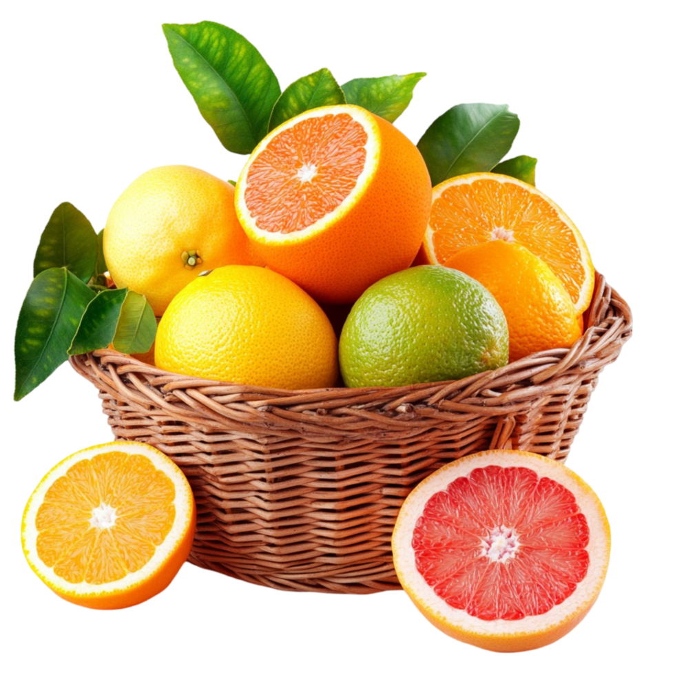Wicker basket filled with oranges lemons and grapefruits png