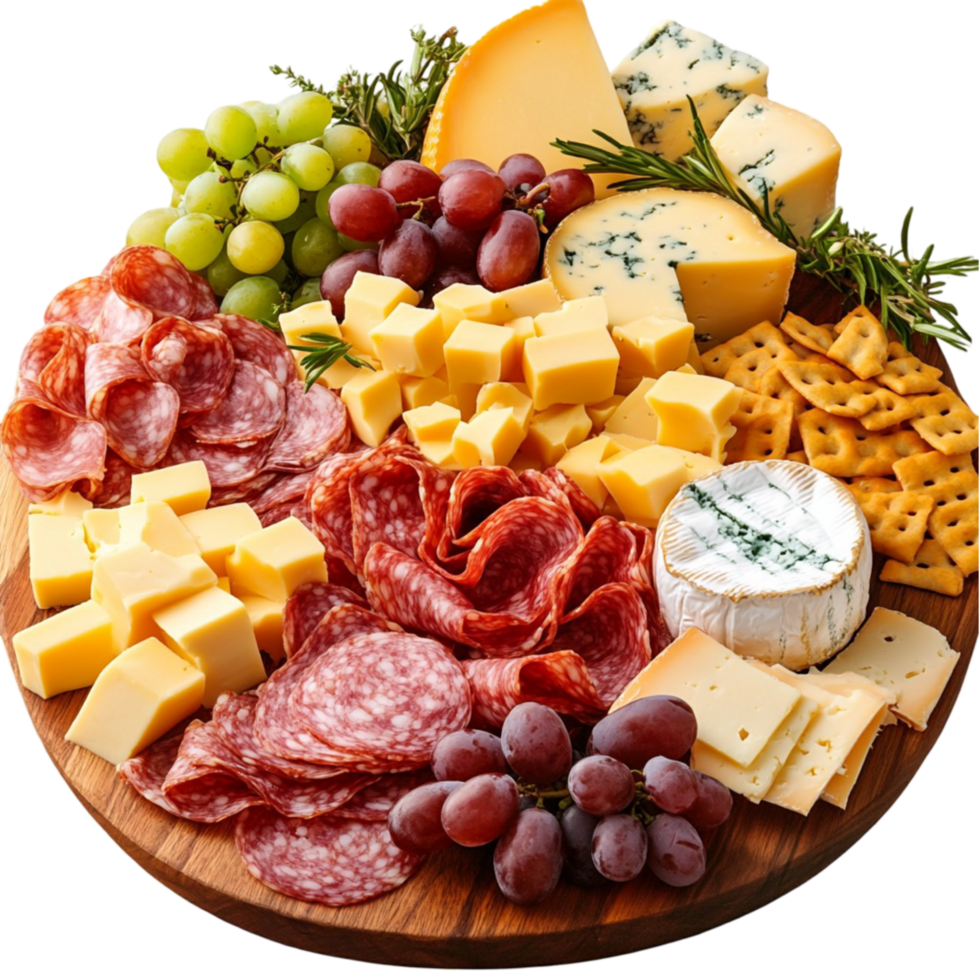 Gourmet charcuterie board with assorted cheeses meats and grapes png