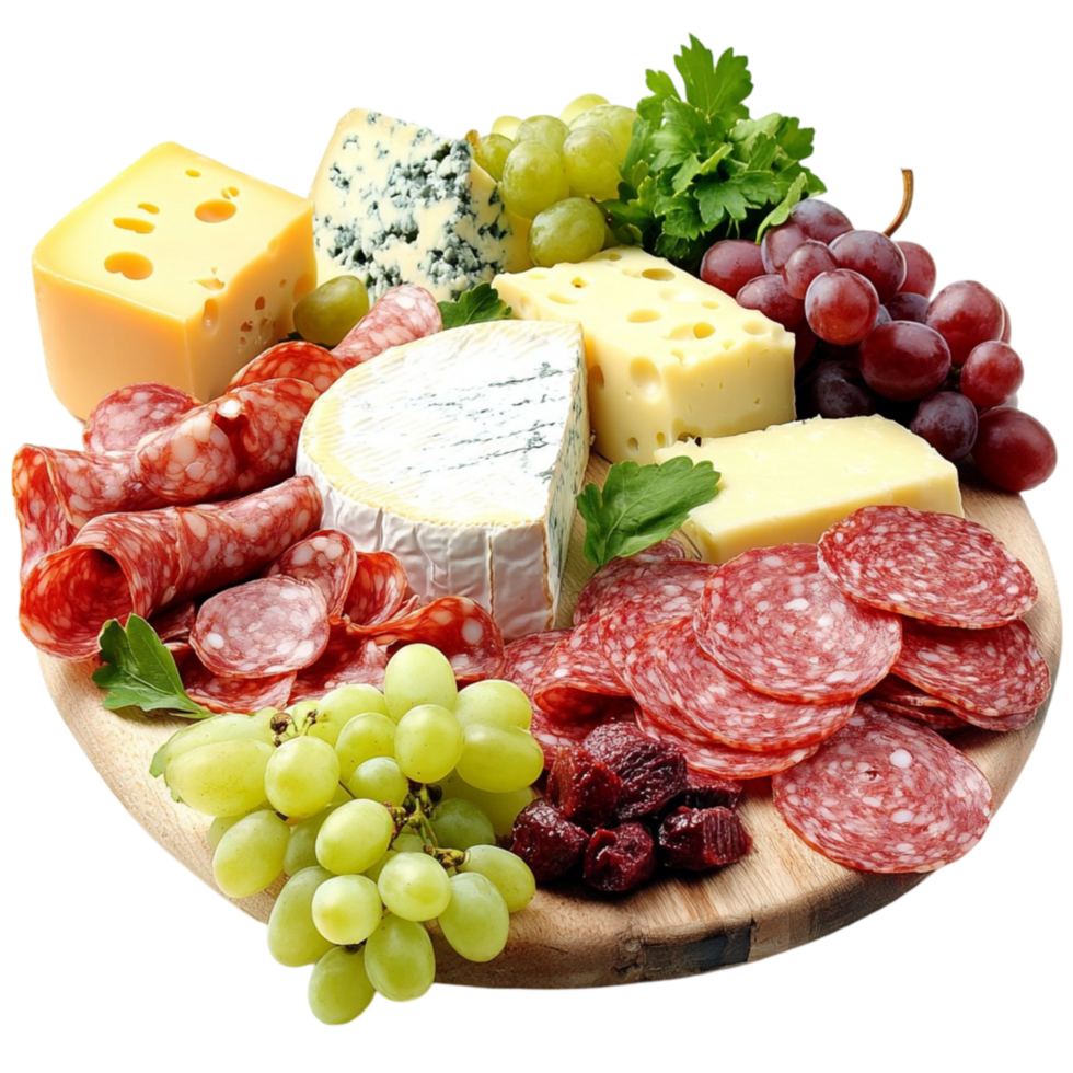 Cheese and charcuterie platter with grapes and herbs png