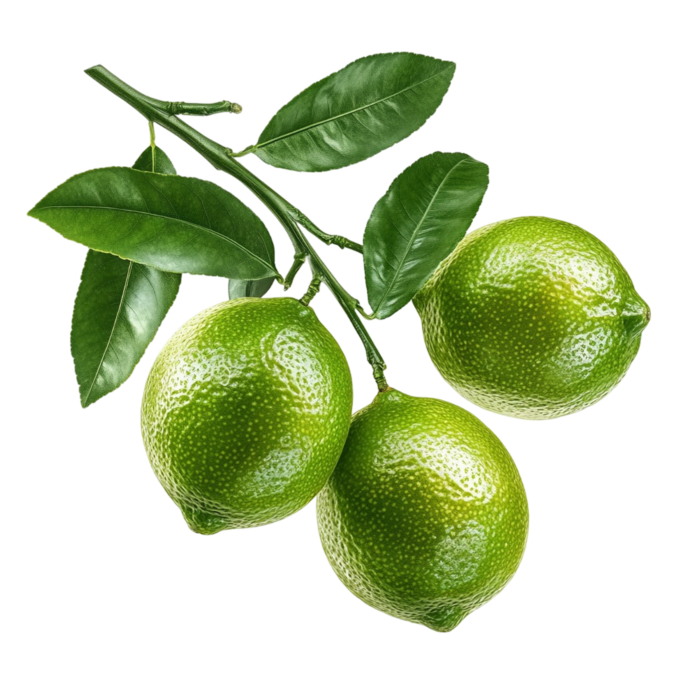 green limes hanging from a branch with vibrant leave png