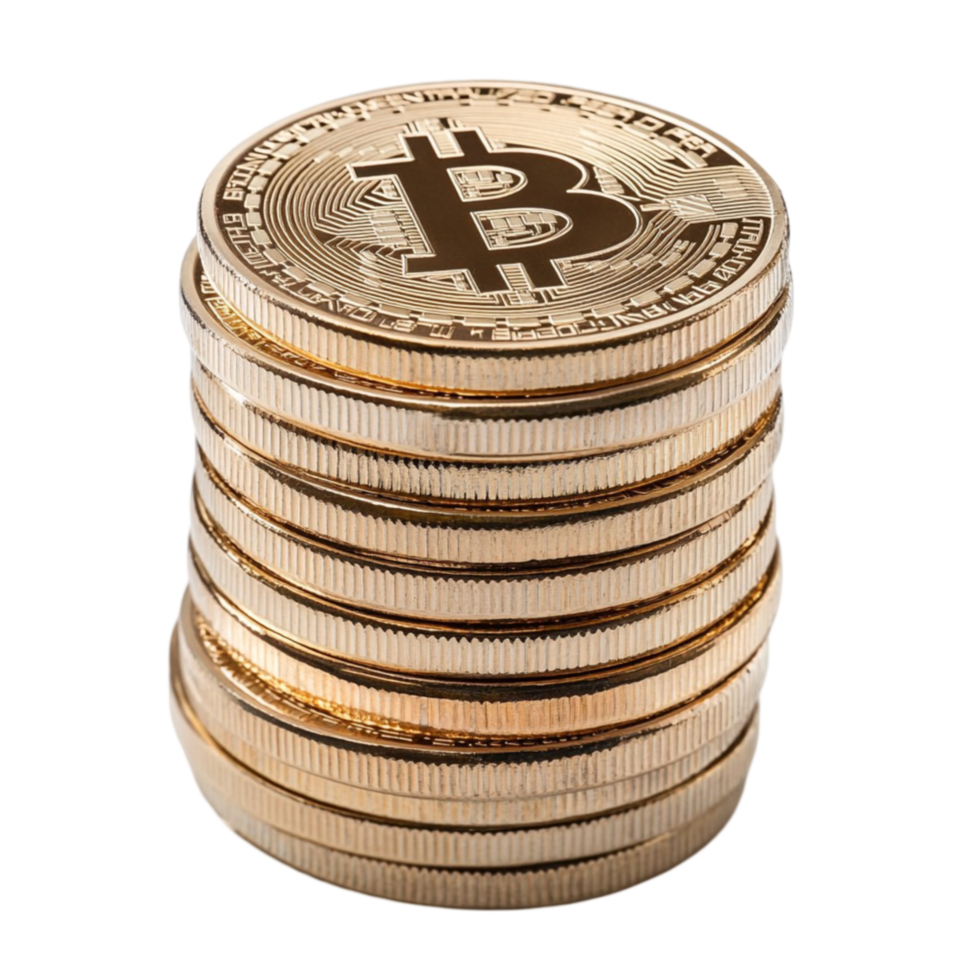 Stack of golden bitcoin coins arranged neatly in a rising pile png