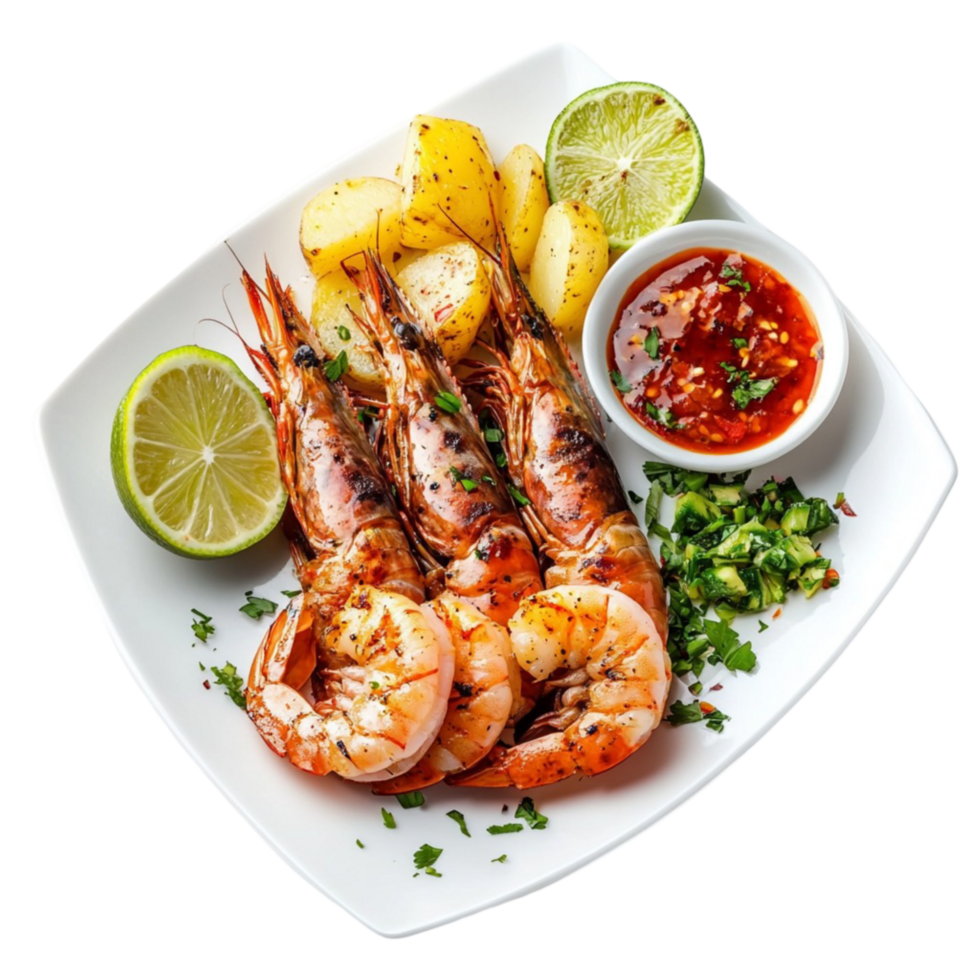 Grilled shrimp served on a white plate with pineapple and lime slices png