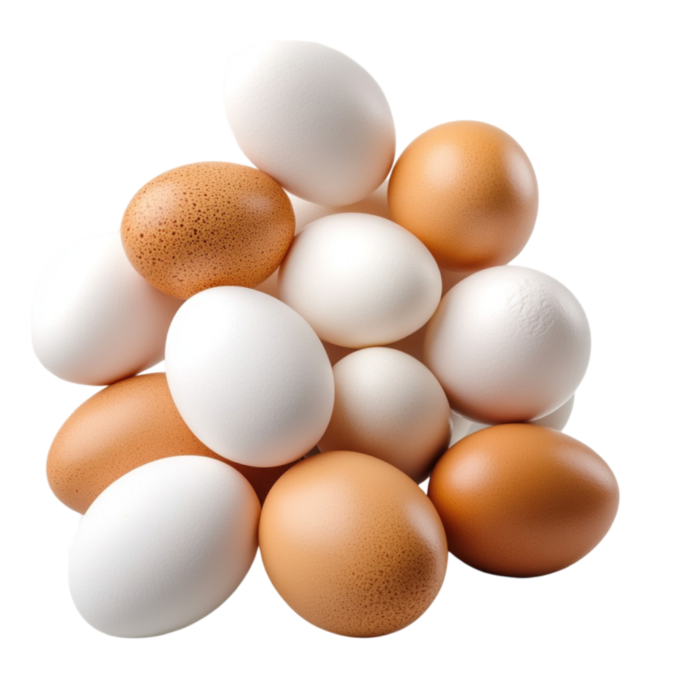 Cluster of white and brown eggs arranged in a balanced pile png