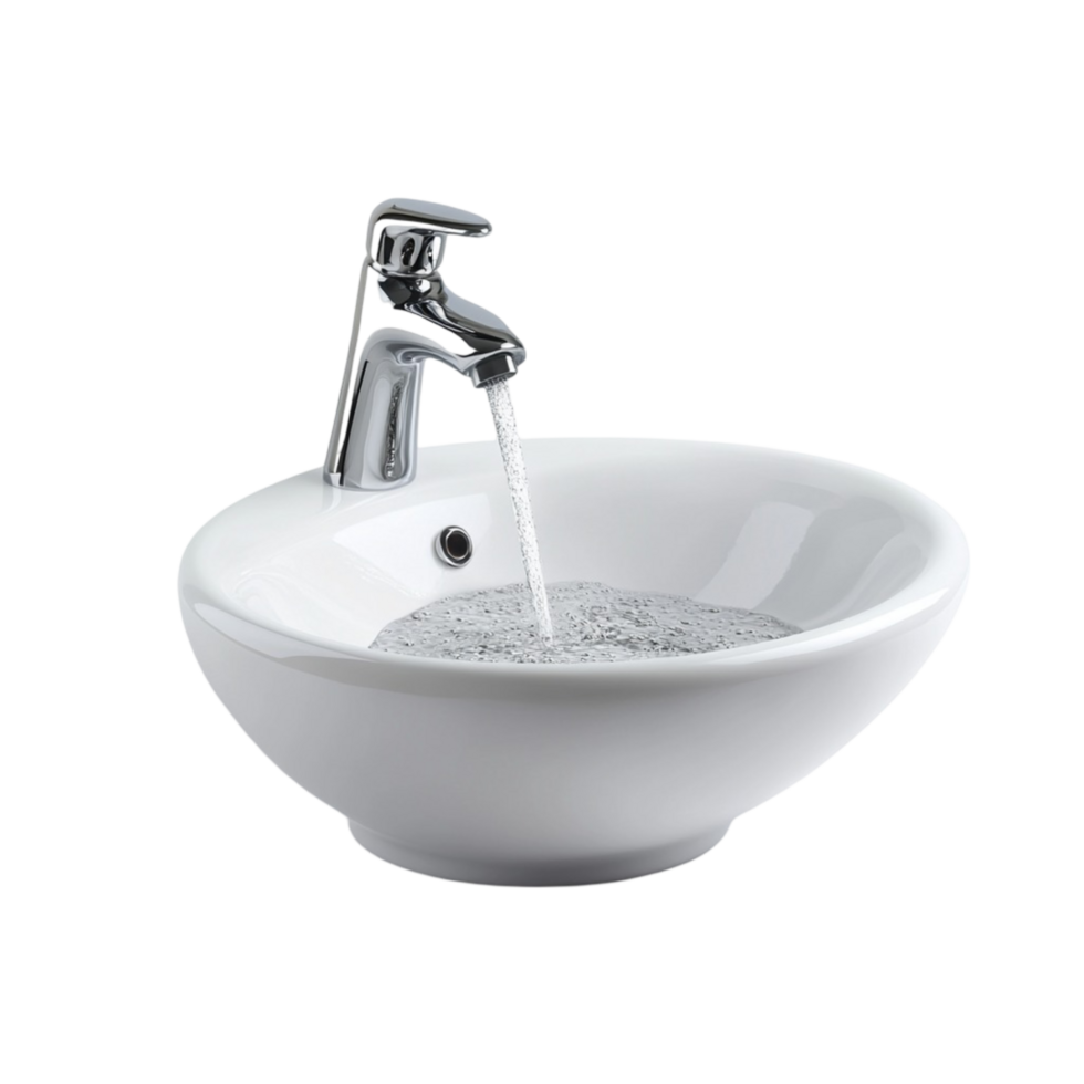 White ceramic sink with a sleek silver faucet and running water png