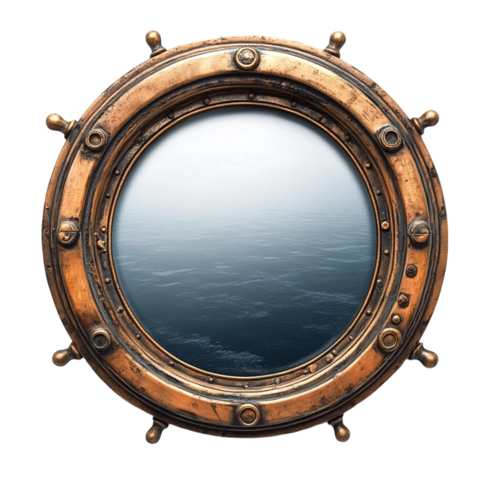 Round brass ship porthole reflecting the ocean view png