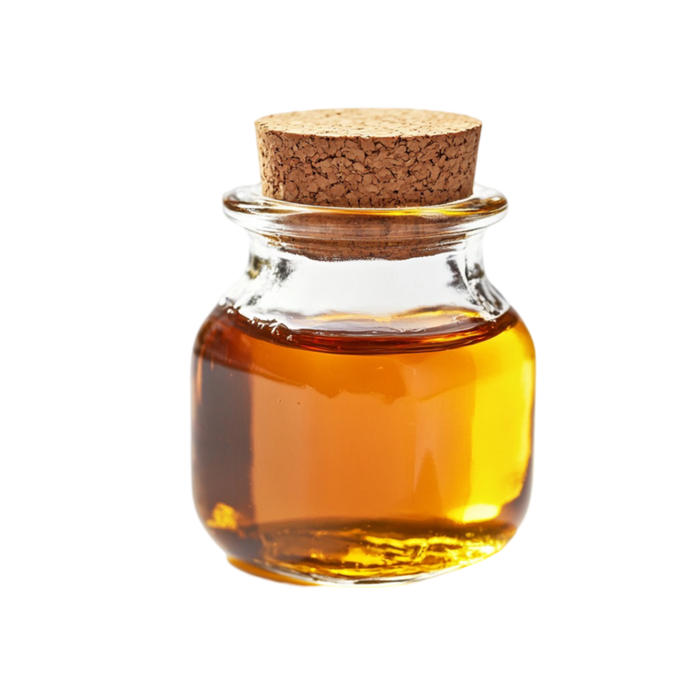 Small glass jar filled with golden honey and a cork png