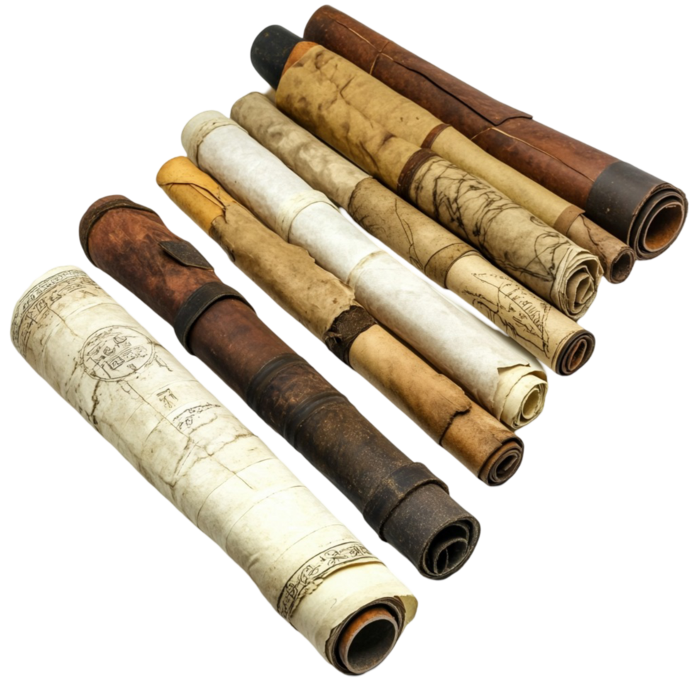 Collection of aged parchment scrolls with ancient scripts png