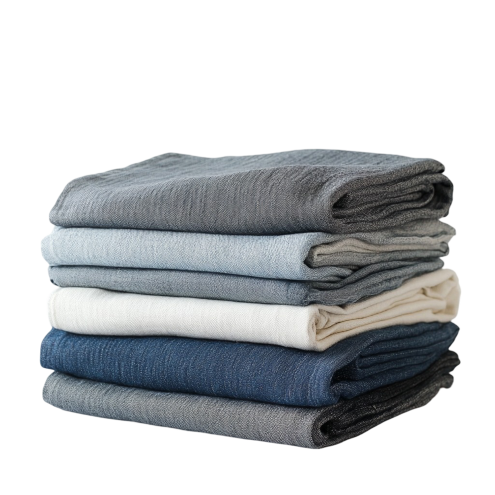 Neatly folded stack of cotton bedsheets in various neutral tones png