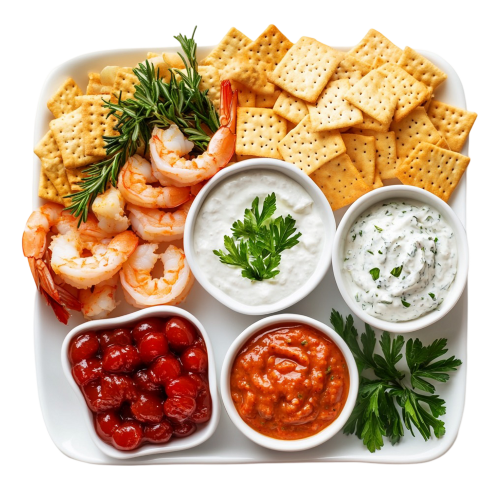 seafood platter with shrimp crackers and various dipping sauces png