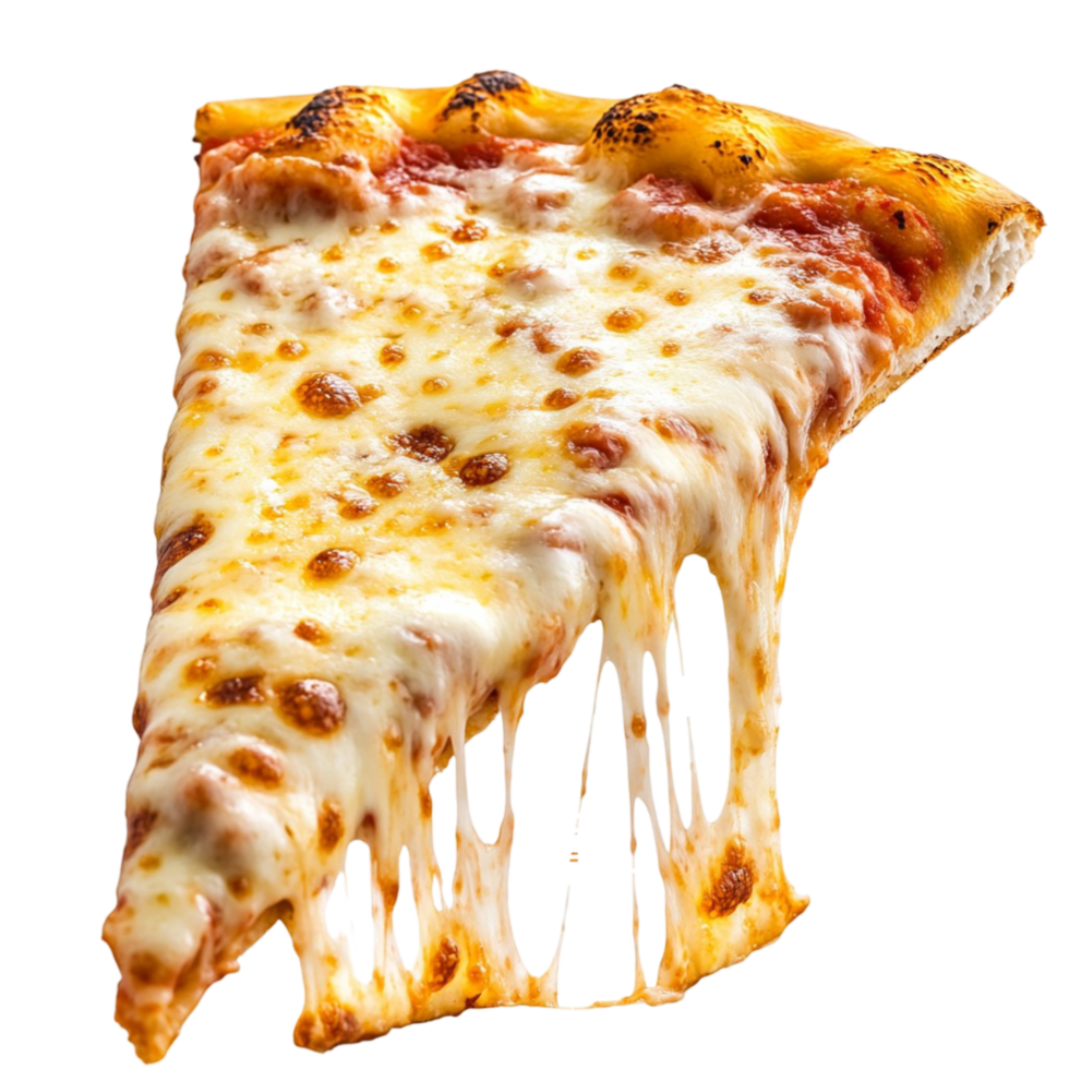 Cheesy pizza slice with gooey melted cheese stretching between bites png