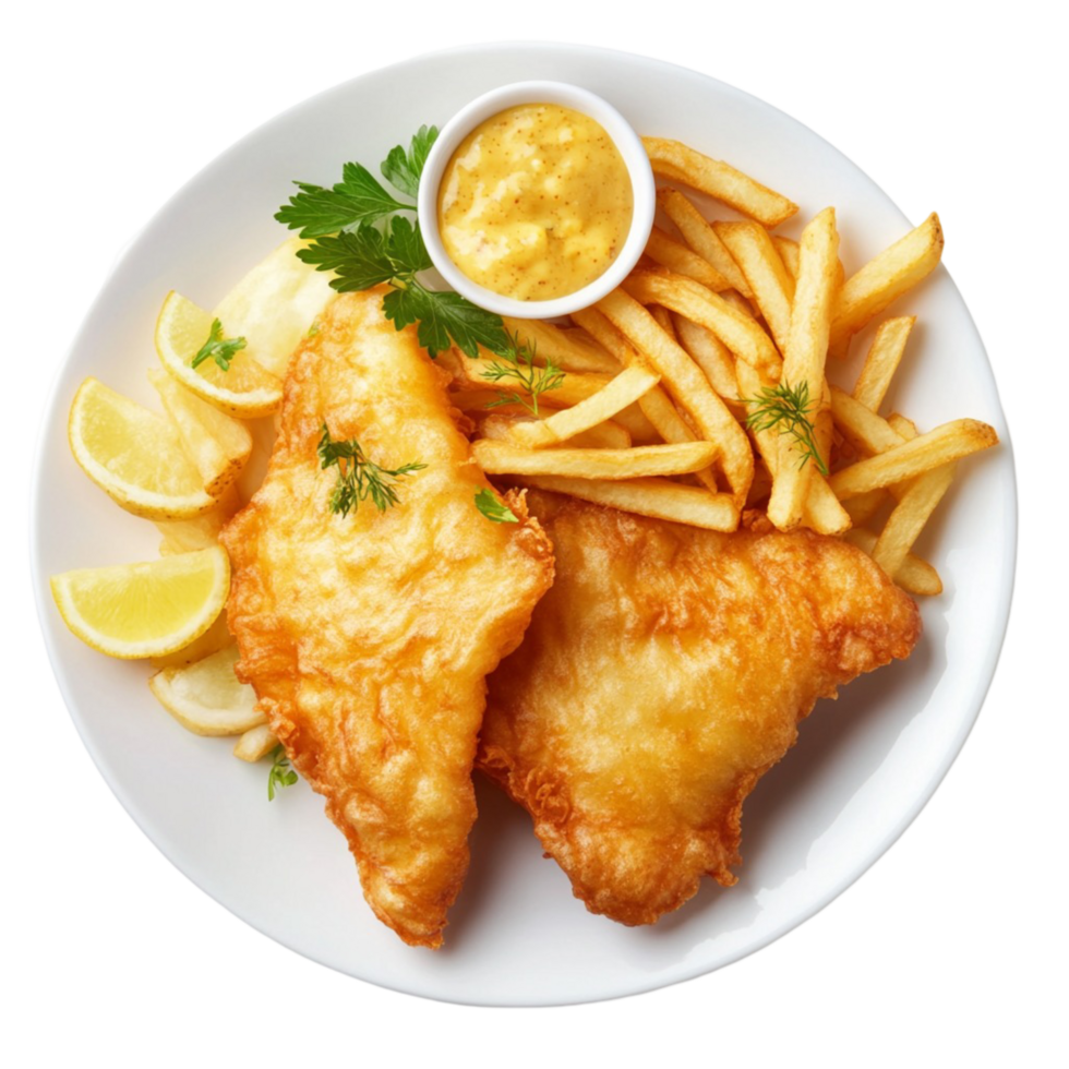 golden fish and chips served with lemon wedges and dipping sauce png
