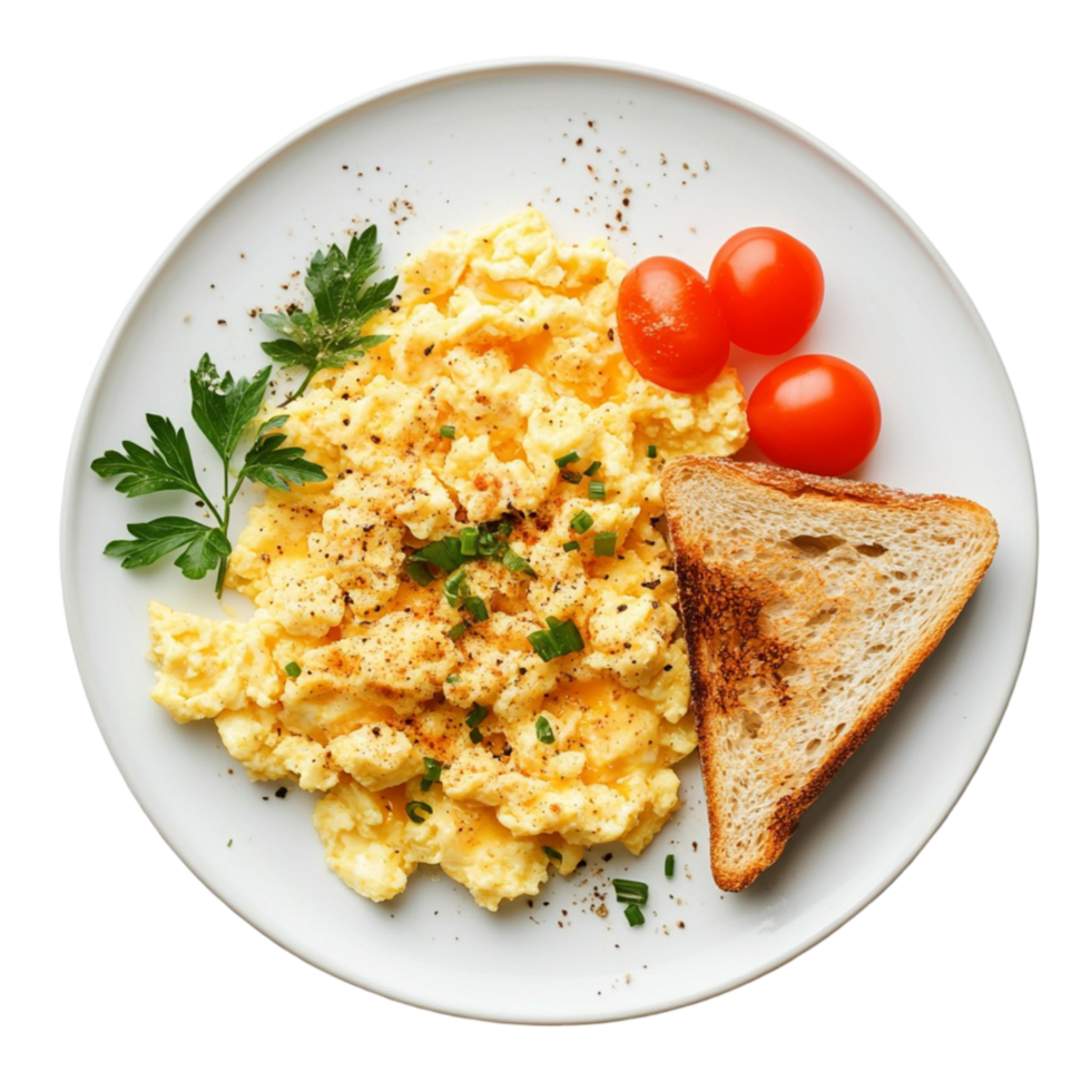 Plate of scrambled eggs served with toast tomatoes and parsley png
