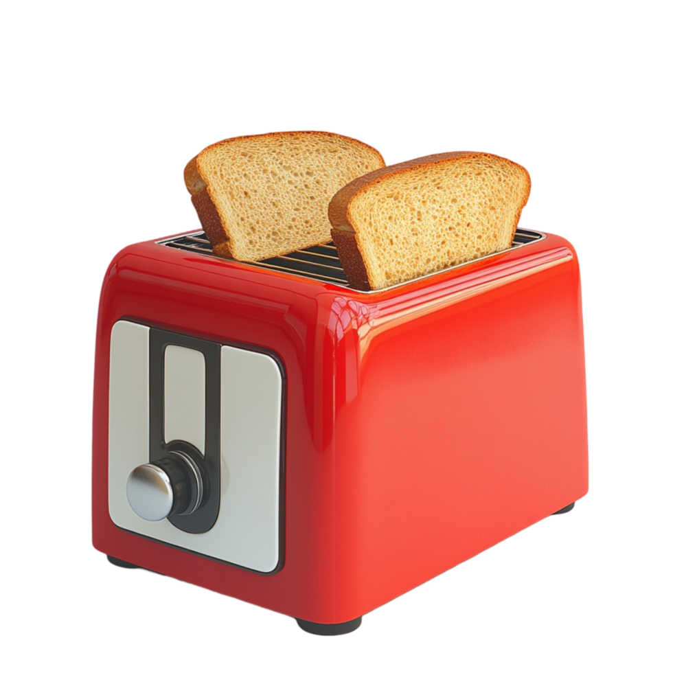 Retro red toaster with two slices of toasted bread png