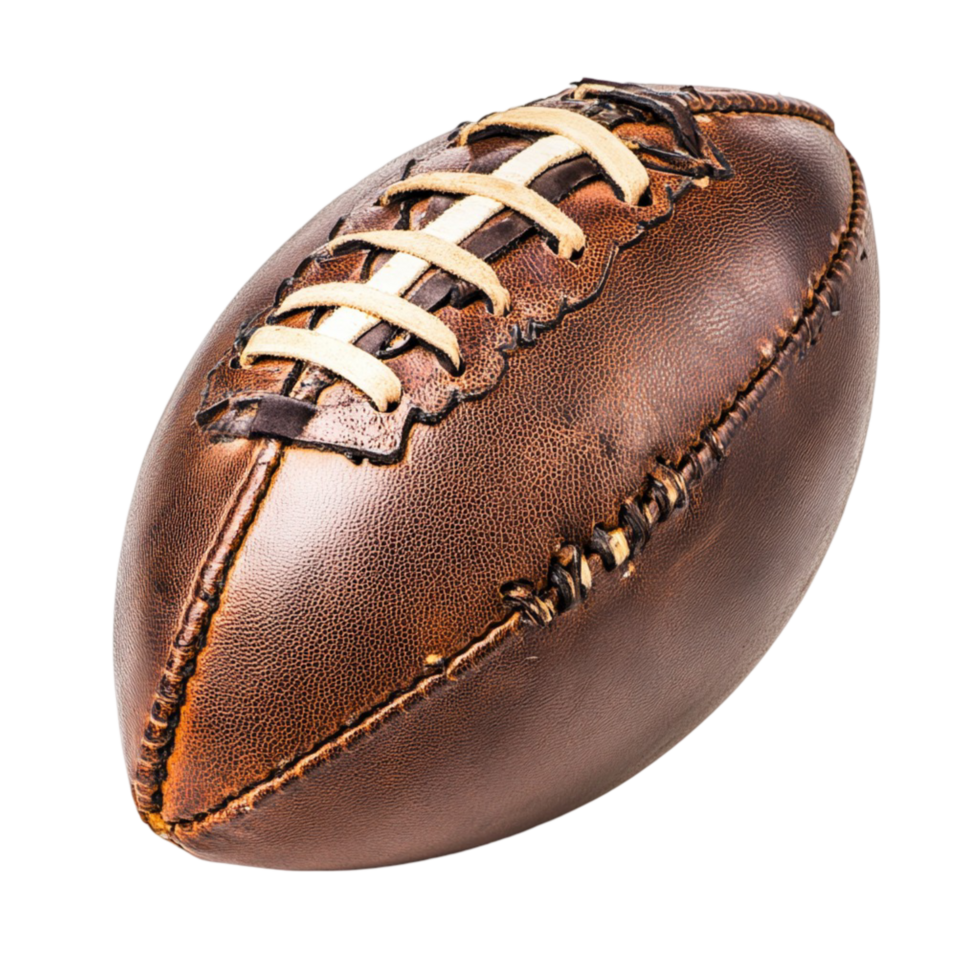 Vintage brown football with stitched laces and a worn texture png