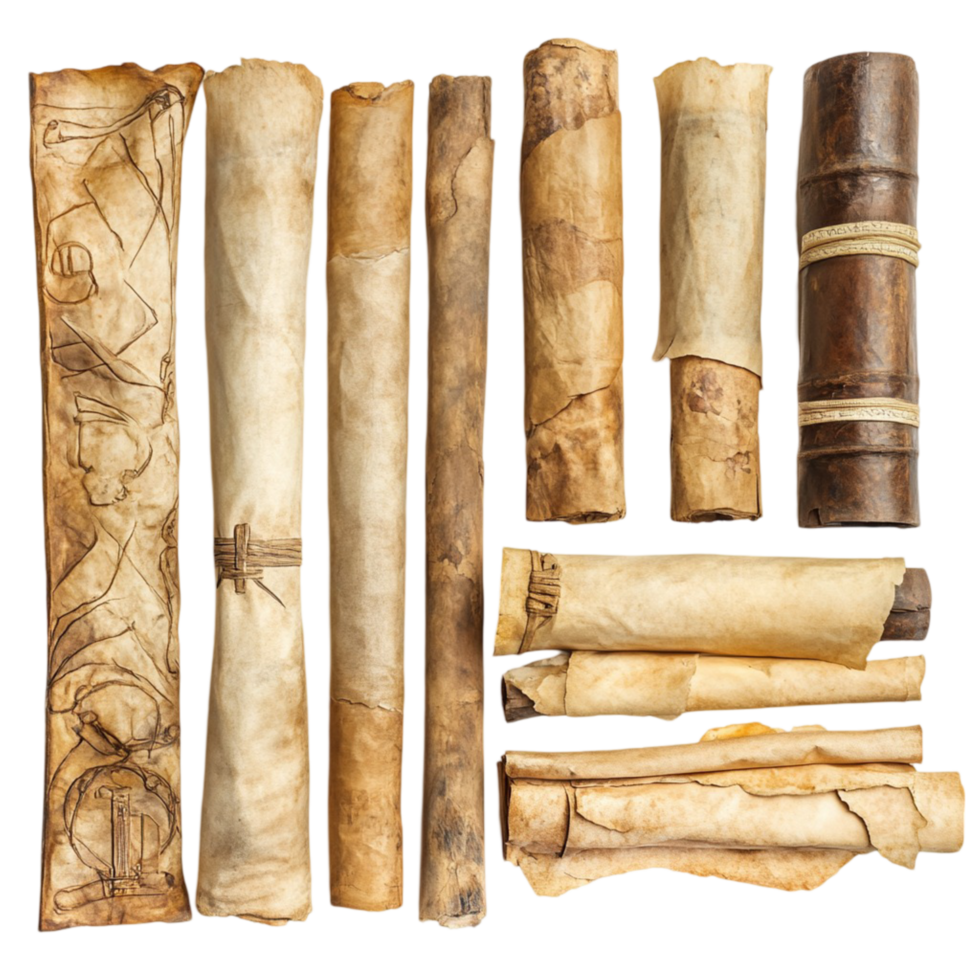 Assortment of old rolledup maps and manuscripts png