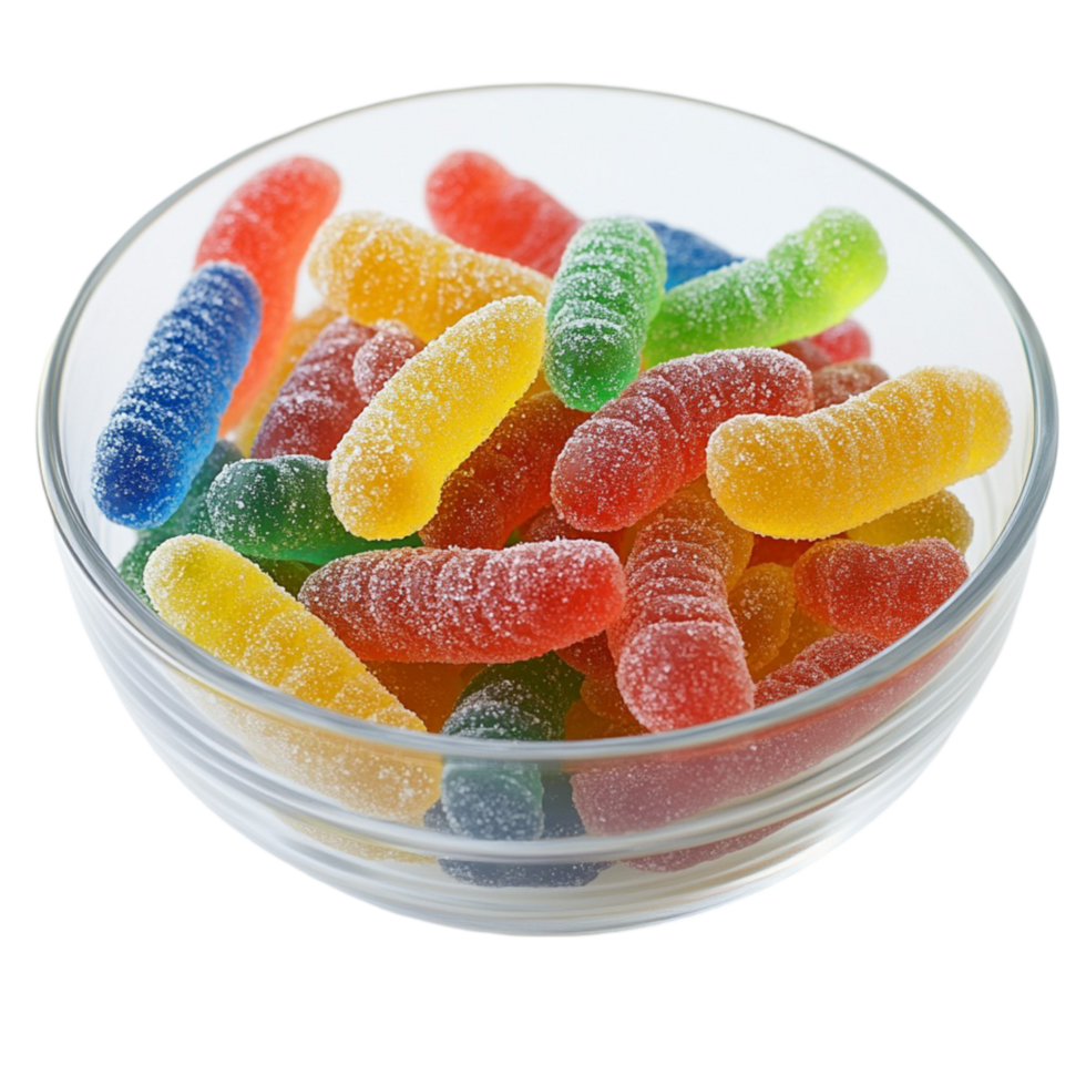 Clear glass bowl filled with colorful sour gummy worms png