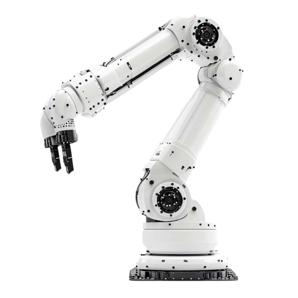 White robotic arm with multiple joints and a mechanical gripper png