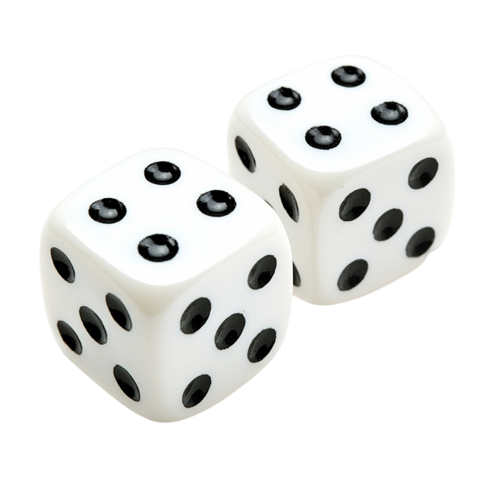 Pair of white six sided dice showing black dots on a clean surface png