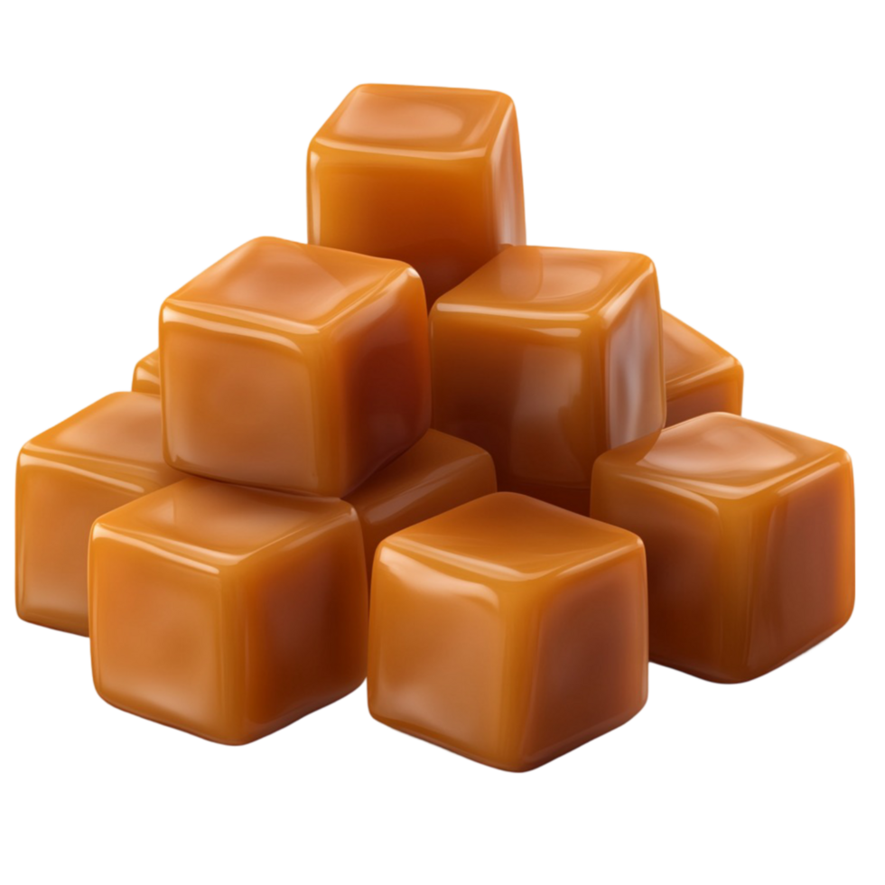 chewy caramel cubes stacked into a small pyramid png