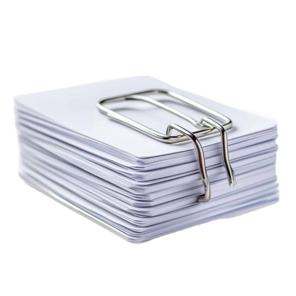 Thick stack of white papers held together with a large silver binder clip png