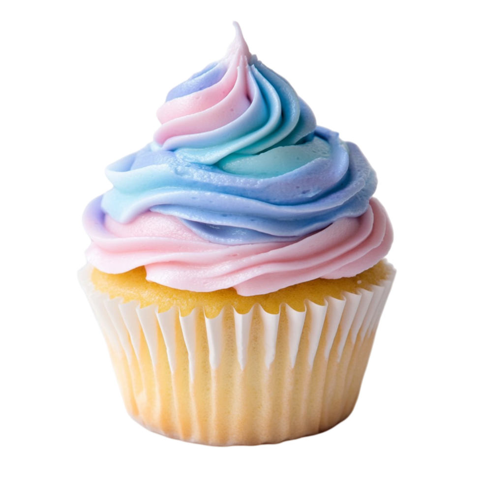 vanilla cupcake topped with swirled blue and pink frosting png