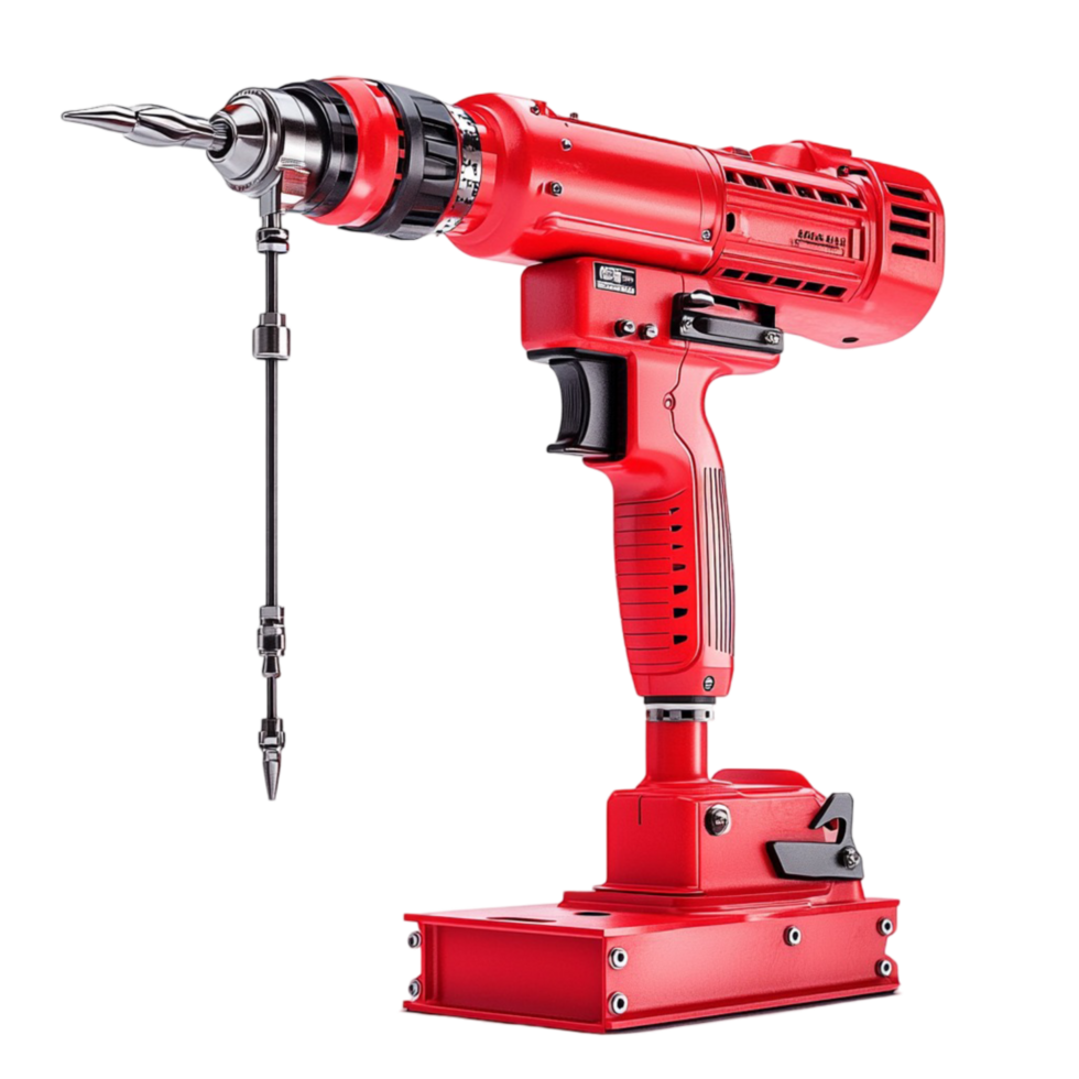 Powerful red electric drill with a sharp drill bit attached png