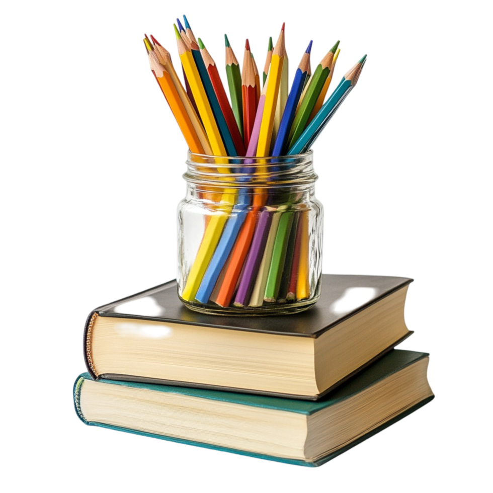 Glass jar filled with colorful pencils placed on books png