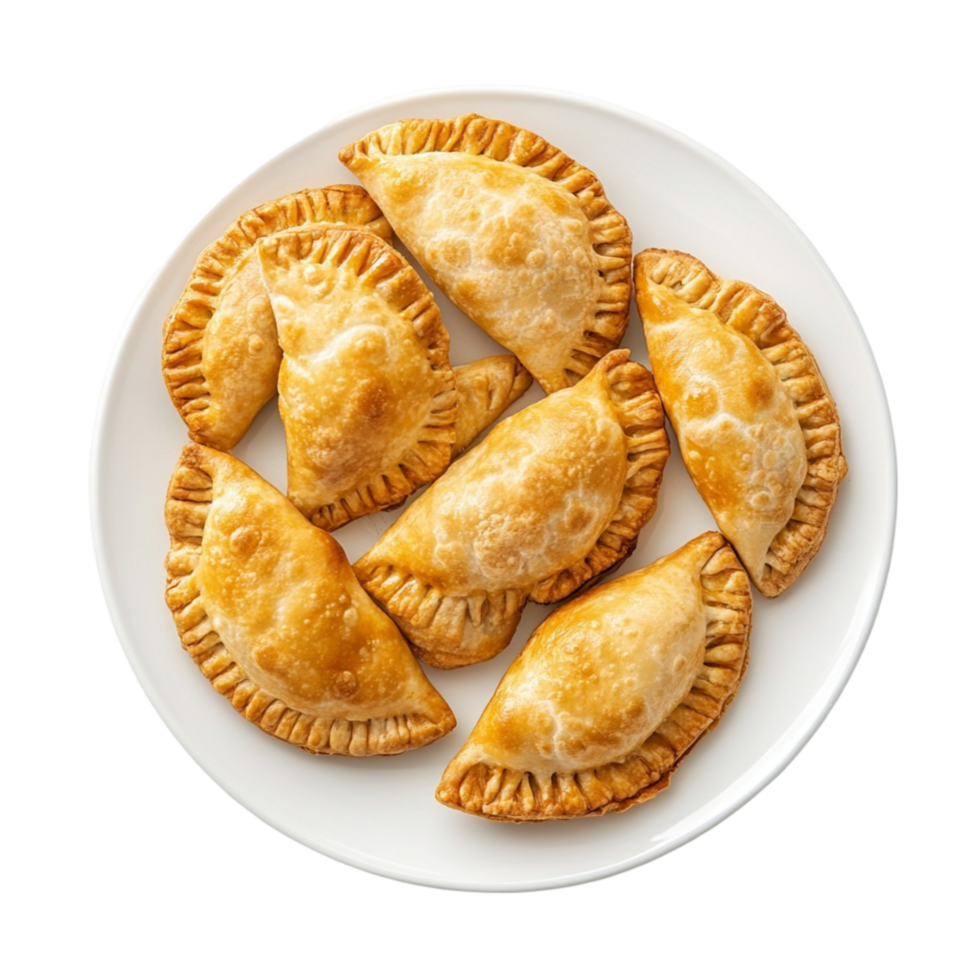 Golden empanas neatly arranged on a white plate png