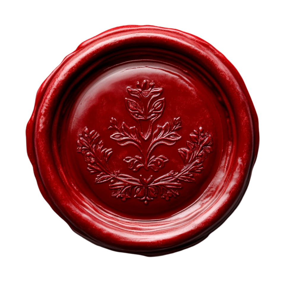 Antique red wax seal stamp with an embossed floral pattern png